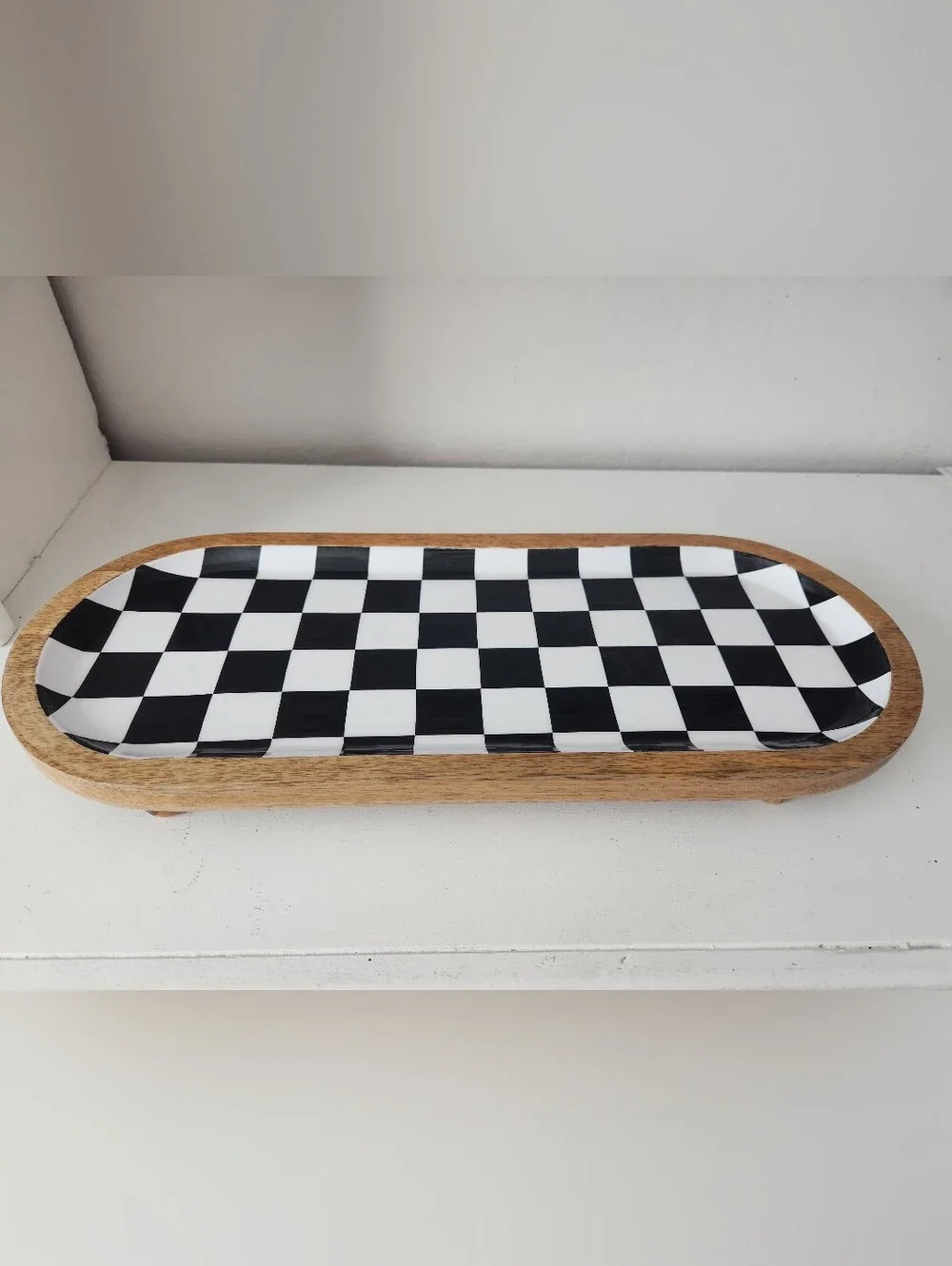 Checkerboard Oval Serving Tray Enamel On Wood With Wooden Risers 8in X 20in